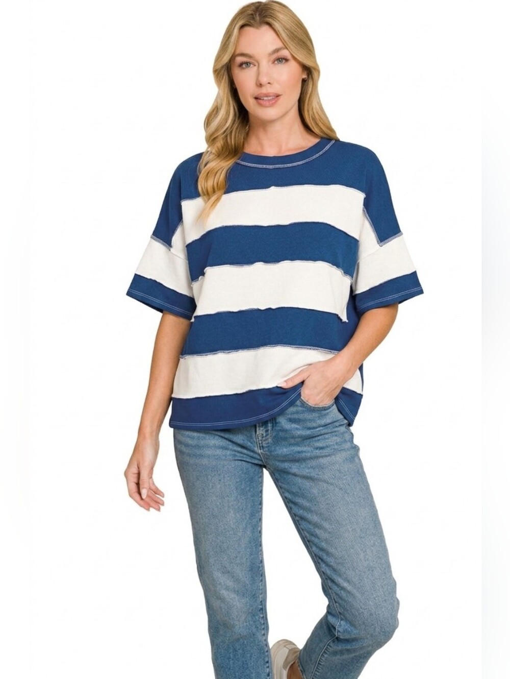 Zenana French Terry Striped Exposed Seam Top-Blue & White - Picture 3 of 5